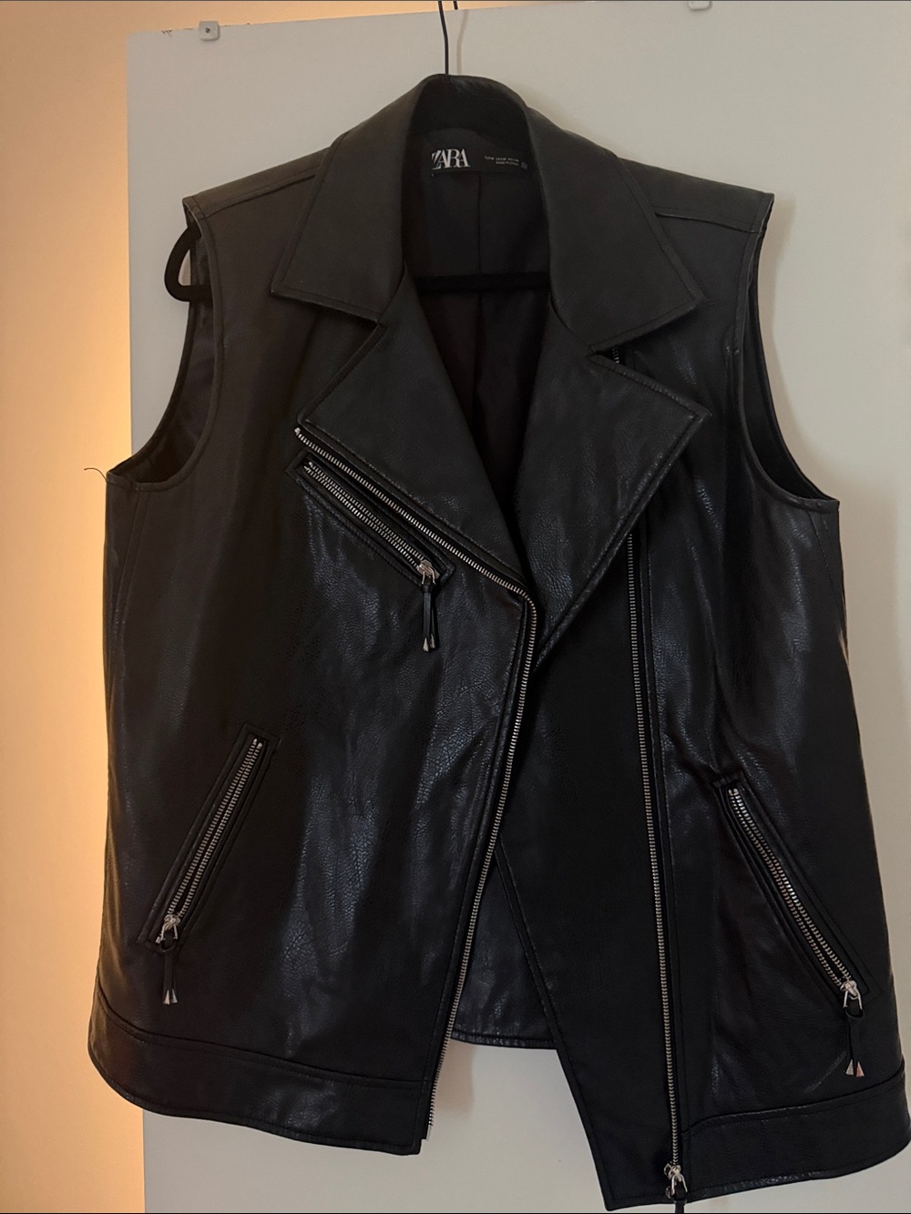 ZARA Black Faux Leather Sleeveless Moto Vest with Zip Details